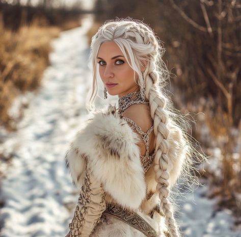 Blonde Viking Woman Art, Winter Goddess Outfit, Blonde Model Female, Viking Maiden, Evil Warrior, Barbarian Dnd, Winter Elf, Viking Girl, Braid Dress