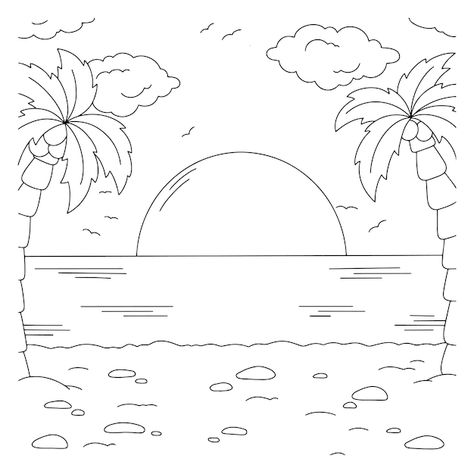 Easy Nature Drawings, Beach Sketches, Beach Coloring Pages, Bahasa Jepun, Beach Drawing, Easy Coloring Pages, Nature Drawing, Creative Painting, Landscape Drawings