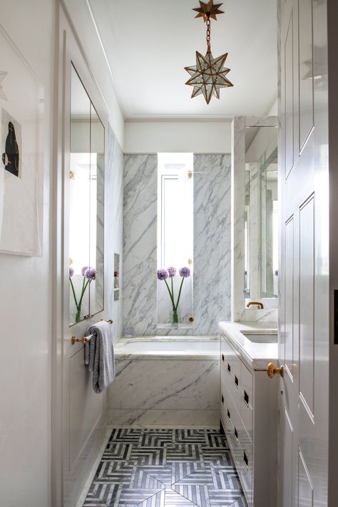 Art Deco Meets Beaux Arts In This Modern Manhattan Home Charles Edwards, Apartment Needs, Contemporary Art Deco, Ann Sacks, Primary Bath, Art Deco Bathroom, Manhattan Apartment, Deco Bathroom, Built In Bar