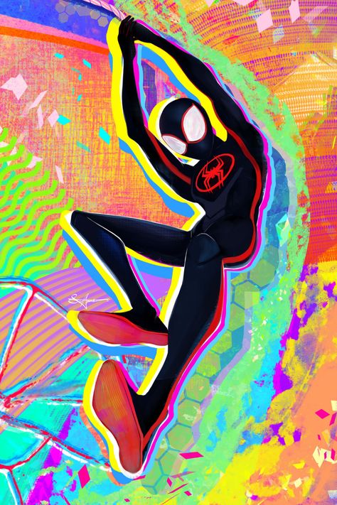 Miles Morales Illustration, Spider Man Into The Spider Verse Drawing, Miles Morales Pop Art, Spider Man Pop Art, Spiderman Through The Spiderverse, Spiderman Into The Spiderverse Art Style, Spider Verse Painting, Spiderman Miles Morales Art, Spiderman Across The Spider Verse Art