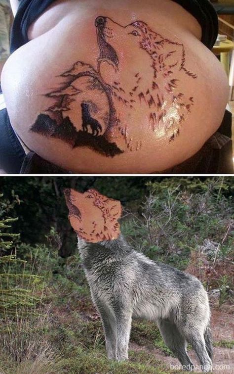 I can't tell if that wolf is howling or gagging... Spiderman Tattoo, Chicano Tattoos Sleeve, Tattoo Fails, Gothic Tattoo, Weird Tattoos, Bad Tattoos, 3d Tattoo, Face Swaps, Ink Master