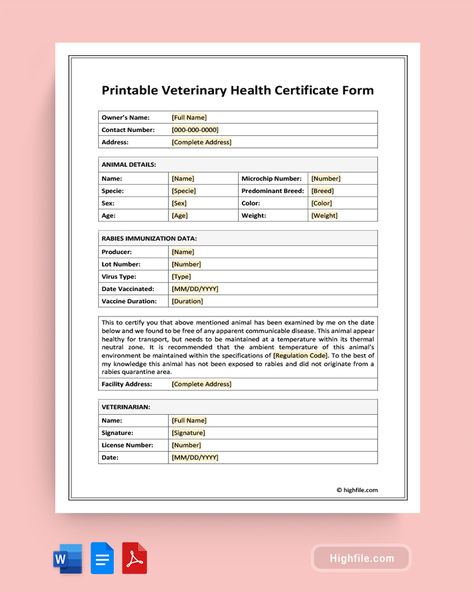 Printable Veterinary Health Certificate Form Record Template, Pet Health Record, Meeting Notes Template, Certificate Format, Certificate Of Achievement Template, Health Record, Cold Email, Veterinary Services, Vet Clinic