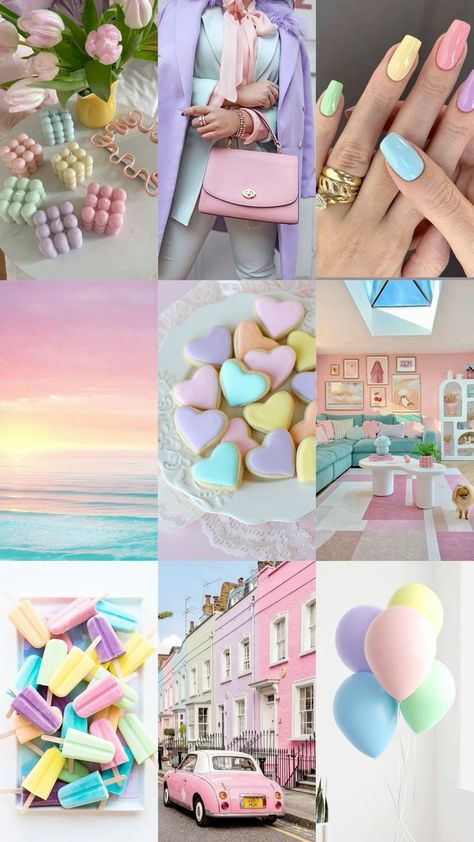 Preppy Color Palette Aesthetic, Pastel Collage Wallpaper, Candy Color Palette, Pastel Collage, Girly Wallpapers, Collage Wallpaper, Color Collage, Photographie Portrait Inspiration, Vsco Girl