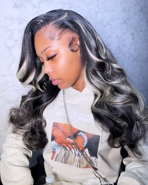 Salt And Pepper Hair Sew In, Side Part Hairstyles Weave, Black And Blonde Hair Black Women, Black Hair With Grey Highlights, Black And Grey Hair, Dark Brunette Hair, Blonde Streaks, Sew In Hairstyles, Birthday Hairstyles