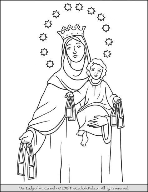 Our Lady of Mt Carmel Coloring Page Saint Coloring, Our Lady Of Mount Carmel, Family Coloring Pages, Catholic Crafts, Carmel Color, Mount Carmel, Rainbow Canvas, Catholic Kids, Family Coloring