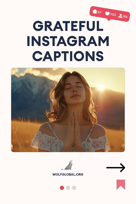 Graphic featuring a woman in prayer pose for Instagram captions on gratefulness.
A list of gratitude-themed statements with check marks, a button saying "GET 100+ MORE," and the website "WOLFGLOBAL.ORG" below.
Advertisement for an Instagram engagement group with a happy woman using a laptop surrounded by social media icons. Thank You Instagram Caption, Gratitude Instagram Captions, Grateful Birthday Captions, Grateful Instagram Captions, Gratitude Captions For Instagram, Thank You Captions For Instagram, Thankful Captions Instagram, Grateful Thankful Blessed Quotes Life, Thankful Captions