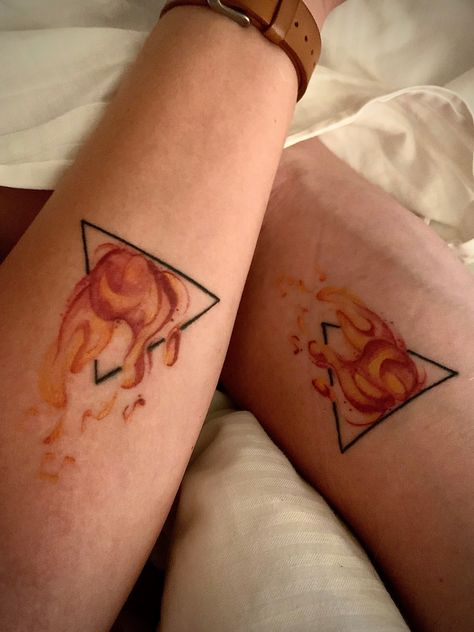 Tattoos Of Fire, Couple Tattoos Fire And Water, Fire Water Matching Tattoos, Triangle Fire Tattoo, Match Tattoos Fire, Fire Element Tattoo Ideas, Aries Fire Tattoo, Fire Symbol Tattoo, Match Tattoo Fire