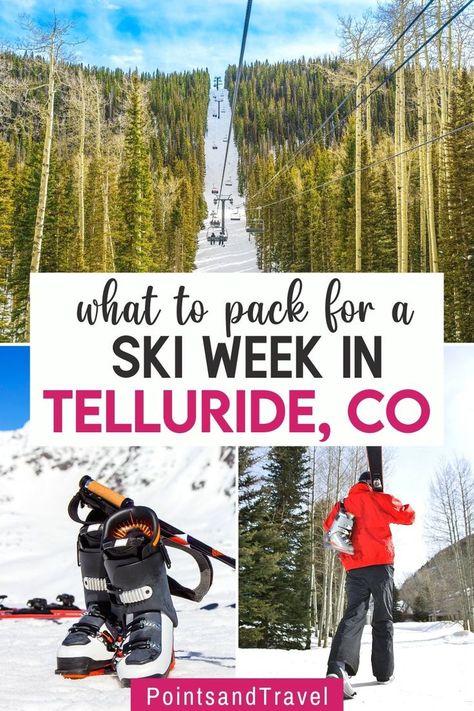 What to Pack for a Ski Week in Telluride, CO | What to bring? What will I wear? What to leave home. Those are the questions I attempt to answer as I make a ski week packing list for my upcoming Telluride vacation. Here are the list of the things to pack for Telluride Ski Trip. #packingtips #telluride #usa #travel One Week Ski Trip Packing List, What To Wear In Telluride, Telluride Colorado Winter Outfits, Telluride Colorado Winter, Week Packing List, Ski Trip Packing, Things To Pack, Winter Packing List, Packing Hacks