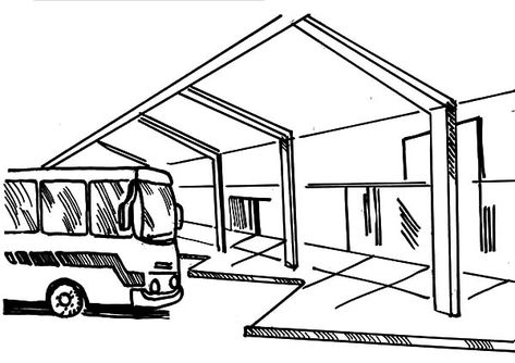 Bus Station Place Where Bus Stop Coloring Pages : Best Place to Color Bus Station Drawing, Bus Stop Drawing, Terminal Bus, Bus Drawing, Bus Stand, Kittens Coloring, Bus Terminal, Single Line Drawing, Landscape Sketch