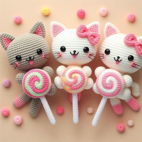 Crochet Candy Kitten Amigurumi Crochet Lollipop, Cat Lollipop, Crochet Candy, Free Crochet Amigurumi Patterns, Crochet Amigurumi Patterns, Free Crochet Amigurumi, Crochet Christmas Gifts, Crochet Stitches Guide, Crochet Cat Pattern