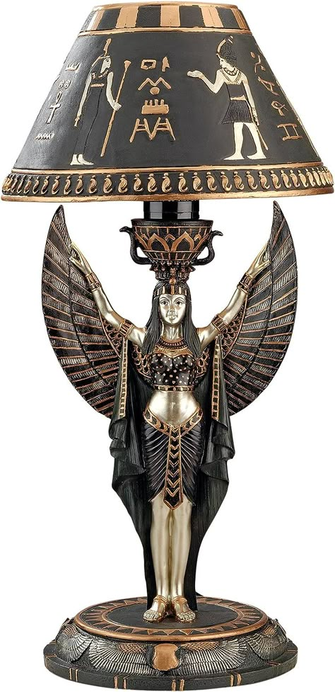 EGYPTIAN GODDESS ISIS STATUE - Isis, the Egyptian goddess of marriage, fertility, motherhood, magic and medicine, was a popular Egyptian deity considered to be the mother of all Egyptian pharaohs. EGYPTIAN HOME DECOR - This table lamp light fixture is so realistically sculpted you'll swear you've walked into an Egyptian pyramid collection tomb. Crazy Buildings, Egyptian Furniture, Egyptian Home Decor, Sculptural Table, Egyptian Design, Egyptian Style, Egyptian Goddess, Design Toscano, Table Lamp Design