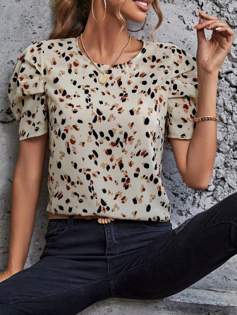 Allover Print Puff Sleeve Blouse | SHEIN USA Short Sleeve Blouses, Leather Blouse, Spring Blouses, Blouse Designs Latest, Elegant Blouses, Puff Sleeve Blouse, Women Blouses, Dressy Tops, Glamour Fashion