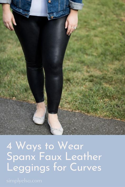 Want to wear the coveted Spanx Faux Leather Leggings, but unsure how to style them on a curvy figure? Want to know how they fit? How the material feels? If they're worth it? I've got you! I share 4 plus-size & curve friendly ways to wear faux leather leggings heading into fall. I share all the answers and where to snag them on sale aside from the Nordstrom Anniversary sale and more on simplyelsa.com! #spanx #spanxplussize #plussizeoutfits #plussizepreppy #plussizeclassicstyle #nordstromplussize Legging Plus Size Outfit, Plus Leather Leggings Outfit, Mid Size Leather Leggings Outfit, Faux Leather Leggings Outfit Fall Plus Size, What To Wear With Faux Leather Leggings Plus Size, Faux Leather Leggings Outfit Midsize, Pleather Legging Outfits Plus Size, How To Style Leather Leggings Plus Size, Leather Pants Plus Size Outfit