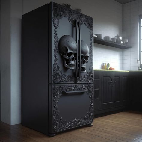 Horror Junkie - This is the refrigerator of DREAMS 🖤 | Facebook Goth Room Ideas Bedrooms, Mushroom Furniture, Skull Bedroom, Skull Furniture, Gothic Homes, Goth Kitchen, Gothic Kitchen, Gothic Room, Fantasy Furniture