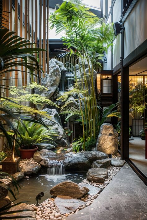 Japanese indoor meditation gardens to inspire you. Indoor Japanese Garden, Indoor Zen Garden, Small Bathroom Decorating Ideas, Small Bathroom Decorating, Minimalist Fall Decor, Indoor Garden Rooms, Zen Sand Garden, Modern Japanese Style, Inside Garden