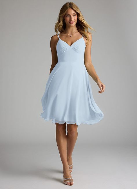 Sky Blue Bridesmaid Dresses, Bohemian Life, Knee Length Bridesmaid Dresses, Blue Bridesmaid Dress, Chiffon Shorts, Azazie Bridesmaid Dresses, Mom Wedding, Short Bridesmaid Dresses, Blue Bridesmaid Dresses