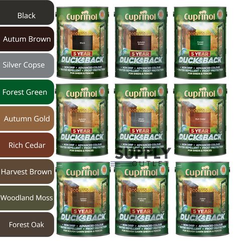 Home CONTACT ABOUT US RETURNS TRUSTED SELLER👌! FAST AND FREE SHIPPING🚚! Quick Response💌! Cuprinol Ducksback 5L 5 Year All Colours Wood Shed Fence Paint Cuprinol  Cuprinol Ducksback has an advanced, wax enriched and non-drip formulation, that colours and weatherproofs sheds and fences for up to 5 years. Cuprinol Ducksback is quick drying, low odour and safe to use around plants and pets. Colours Available:  ✔Silver Copse ✔Black ✔Harvest Brown ✔Forest Green ✔Rich Cedar ✔Forest Oak ✔Autumn Gold Cuprinol Ducksback, Fence Paint Colours, Brown Forest, Cedar Forest, Casual Decor, Fence Paint, Wood Shed, Gold Peak Tea, Boost Productivity