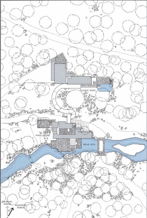Fallingwater. Pennsylvania, U.S. Frank Lloyd Wright (architect). 1936–1939 C.E. Reinforced concrete, sandstone, steel, and glass. Plan from list. Ap Art History 250, Fallingwater House, Falling Water Frank Lloyd Wright, Kaufmann House, Frank Lloyd Wright Style, Falling Water House, Robie House, Falling Water, Architectural Competition