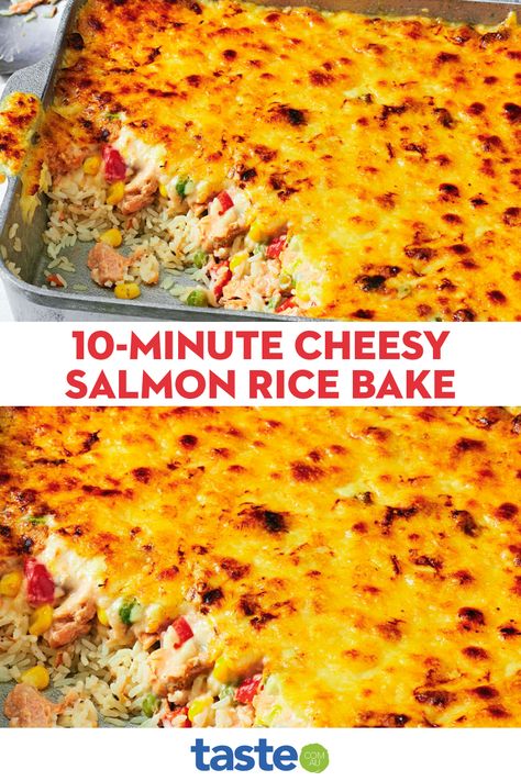 Salmon And Rice Bake, Canned Salmon And Rice Recipes, Canned Pink Salmon Recipes, Salmon And Rice Recipes, Cheesy Salmon, Pink Salmon Recipes, Salmon Fried Rice, Salmon Casserole, Rice Bake Recipes