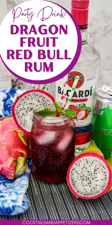 Dragon fruit Red Bull mixes with Bacardi Dragonberry Rum to make a delicious flavorful drink! Serve ice cold on a hot summer afternoon for a refreshing, sweet and fizzy cocktail with a tropical vacation vibe! Coconut Milk Cocktail, Fruit Drinks Alcohol, Colada Drinks, Tropical Drink Recipes, Rum Drinks Recipes, Peach Lemonade, Vodka Recipes, Liquor Drinks, Rum Cocktails