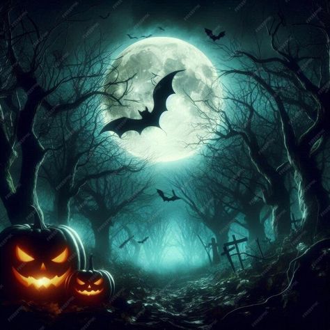 Premium Photo | Halloween illustration with pumpkins and bats with full moon in a cemetery Photo Halloween, Image Halloween, Moon Images, About Halloween, Holiday Icon, Halloween Illustration, Stationery Templates, Business Card Maker, Flyer Maker