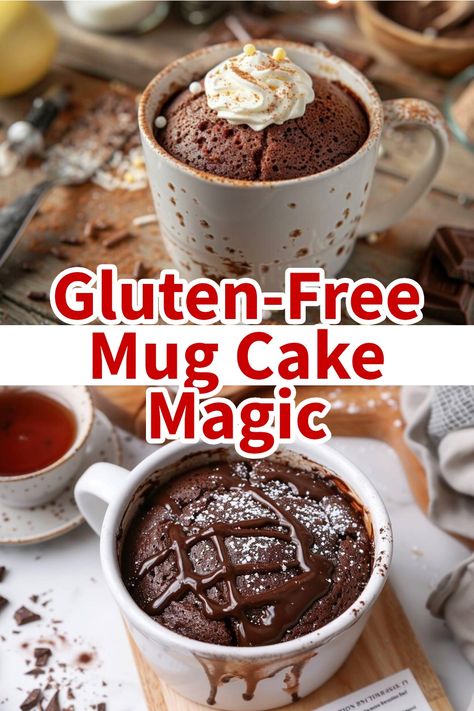 Two beautifully decorated gluten-free chocolate mug cakes, one with whipped cream and the other drizzled with chocolate, on a rustic wooden table. Easy Chocolate Mug Cake, Chocolate Mug Cake Recipe, Gluten Free Mug Cake, Mug Cake Recipe, Chocolate Mug Cake, Mug Cake Microwave, Gluten Free Chocolate Cake, Gluten Free Sweet, Photo Food