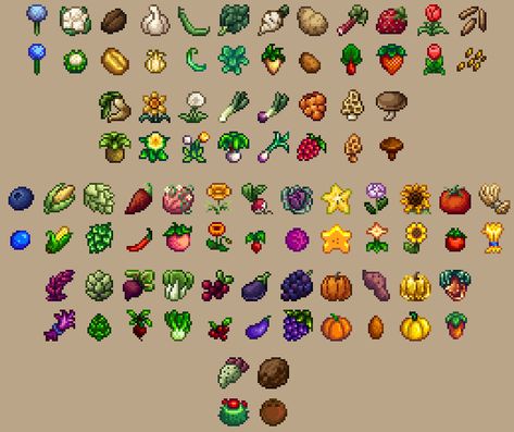 Stardew Valley Concept Art, Stardew Valley Plants, Stardew Cottagecore, Stardew Valley Foraging, Stardew Valley Obelisk, Stardew Sprites, Stardew Valley Crops, Stardew Valley Items, Stardew Valley Food