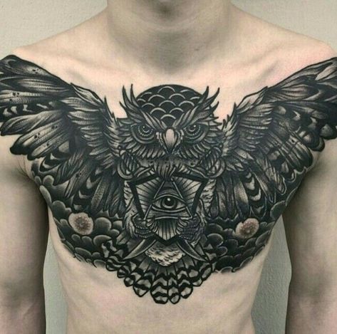 Chest Tattoo Wings, Owl Tattoo Chest, Traditional Owl Tattoos, Owl Tattoo Drawings, All Seeing Eye Tattoo, Tato Dada, Hyper Realistic Tattoo, Cool Chest Tattoos, Owl Tattoo Design