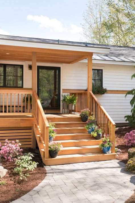 DIY Network Ultimate Retreat Home Tour Manufactured Home Porch, Renovation Facade, Veranda Design, Retreat Home, Mobile Home Exteriors, Front Porch Steps, Porch Remodel, Patio Deck Designs, Mobile Home Porch