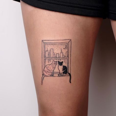 Useful Tattoos Ideas, Cat Linework Tattoo, Patchwork Cat Tattoo, Linework Cat Tattoo, Cat Patchwork Tattoo, Book And Cat Tattoo, Line Work Cat Tattoo, Cat Window Tattoo, Cat Stamp Tattoo