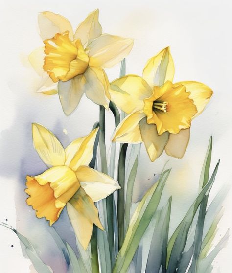 Watercolor Daffodils Tutorial, Daffodil Watercolor Painting, Watercolour Daffodils, Spring Watercolor Painting, Watercolor Daffodils, Daffodil Watercolor, Spring Flowers Watercolor, Daffodil Design, Spring Watercolor