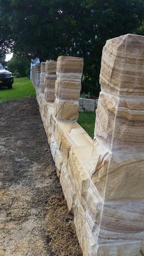 Sandstone cut & dressed! Sandstone Fence Front Yards, Sandstone Front Fence, Sandstone Fence, Stone Filled Fence, Stonewall Fence, Sandstone Rock Wall, Sandstone Block Retaining Wall, Gate Post, Front Fence