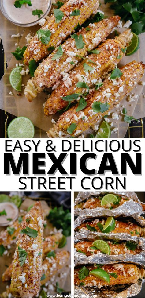 Easy Mexican street corn recipe. Simple corn on the cob recipe that can be grilled, or roasted in the oven, than topped with a cream sauce and cheese. It's the perfect bbq side dishes idea and the best way to eat corn on the cob! Easy Street Corn Recipe, Easy Street Corn, Easy Mexican Street Corn, Mexican Street Corn Recipe, Bbq Corn, Street Corn Recipe, Bbq Side Dishes Recipes, Bbq Side, Corn Recipe