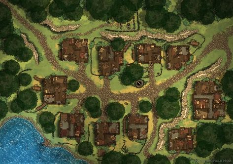 This is an updated version of my interpretation of the Village of Conyberry on the eastern edge of Neverwinter Wood, though it could easily be a ruined village in any homebrew campaign. I updated much of the styling, shading and techniques I've developed over the last year or so and wanted to make that available. [Morvold Press, 2022] Ruined Village, Dnd City, Lost Mines Of Phandelver, Village Map, Dnd World Map, Building Map, Map Making, Fantasy Town, Tabletop Rpg Maps