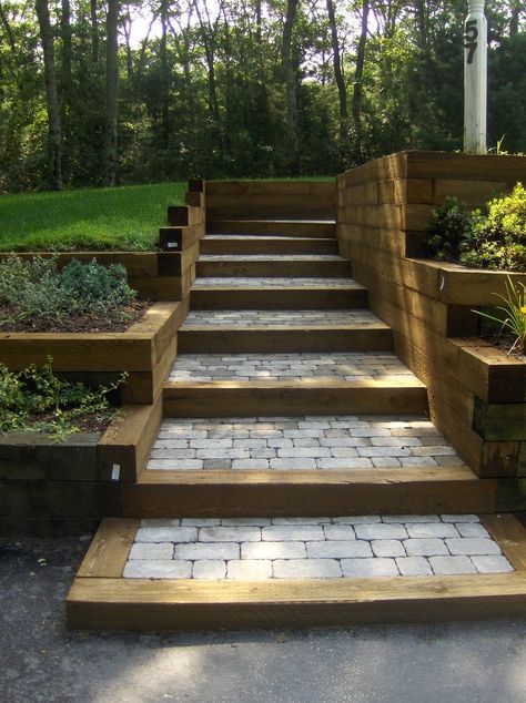 Outdoor Wood Steps On A Slope, Garden Stairs Ideas, Landscape Edging Stone, Sloped Backyard Landscaping, Landscape Stairs, Landscape Steps, Sloped Yard, Sloped Backyard, Stone Steps