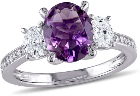 MODERN BRIDE 5/8 CT. T.W. Purple Amethyst 14K Gold Engagement Ring 14k Gold Engagement Ring, 3 Stone Engagement Rings, Amethyst And Diamond Ring, Three Stone Engagement, Three Stone Engagement Rings, Stone Engagement Rings, Halo Diamond Ring, Stone Engagement, Gold Engagement Ring