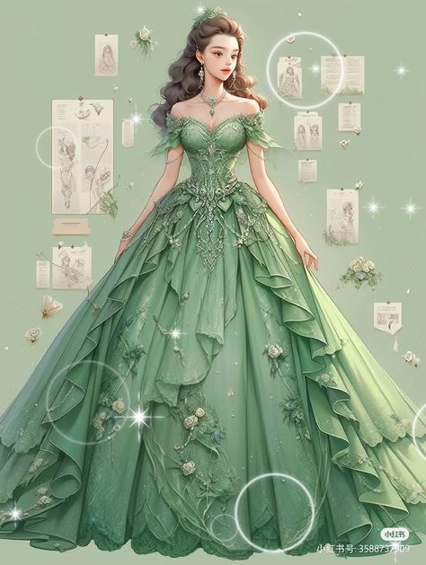 Light Green Princess Dress, Green Princess Dress, Green Gowns, Anime Dresses, Fantasy Ball, Princess Dress Fairytale, Fairy Gown, Green Ball Gown, Dreamy Gowns