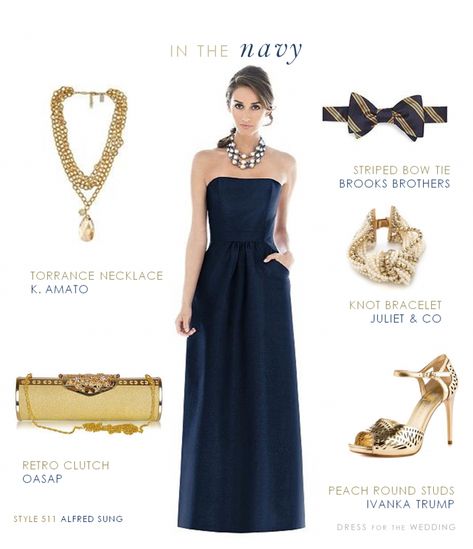 Navy bridesmaid dress for fall weddings What Jewelry To Wear, Navy Wedding Dress, Navy And Gold Dress, Navy Formal Dress, Neon Prom Dresses, Navy Blue Gown, Sparkly Prom Dress, Below The Knee Dresses, Strapless Prom Dress