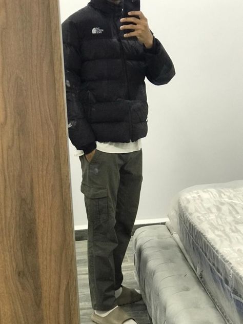 outfit , fit , North face, puffer jacket , cargos , Yeezy , Yeezy slides , fashion , mirror pic Puffer Jacket Outfit, North Face Puffer Jacket, Yeezy Slides, North Face Coat, Fashion Mirror, Mirror Pic, Jacket Outfits, Puffer Jacket, North Face