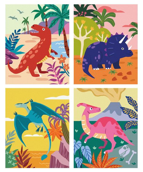 PRICES MAY VARY. 【Paint by numbers for kids ages 4-8-12】The dinosaur art design features relatively large fill areas, which are great for building interest and ensuring a rewarding painting experience. This paint by numbers kit is great suitable for 4-8-12 children. 【High Quality Materials】High quality paints and canvases with good opacity of paints to cover lines and numbers easily, and high definition printing on canvas, while storing for a long time. 【Complete Kit】There are a total of 4 sets Dinosaur Painting Acrylic, Dinosaur Painting, Diy Paint By Numbers, Frame Acrylic, Bedroom Gift, Cartoon Dinosaur, Dinosaur Art, Creative Artwork, Dinosaur Kids