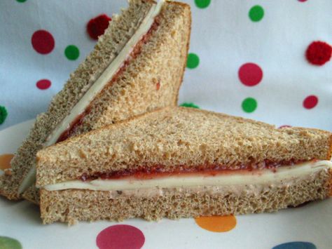 Cheesy Jam Sandwich With a Twist or Two Recipe - Food.com Cheese And Jam, Jam Sandwich, Havarti Cheese, Party Sandwiches, Tasty Vegetarian Recipes, Whole Wheat Bread, Wheat Bread, Slice Of Bread, Strawberry Jam