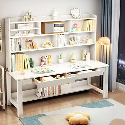 Elevate your child's study space with our sleek and functional study desk. Featuring ample storage options, a wide tabletop, and a modern finish, this desk is not only practical but also a stylish addition to any room. Keep your child focused and organized with our durable study desk! Hokku Designs Colour: White | Hokku Designs Rectangle Credenza Writing Desk Computer Table Study Office Desk Solid Wood White/Brown | C111292906_1136503839 | Wayfair Canada Ikea Office Room Ideas, Shelves Above Computer Desk, Kids Desk Area In Bedroom, Boho Library Room, Desk With Shelves Above, Girls Desk Ideas, Library Room Cozy, Kids Desk Ideas, Home Library Room