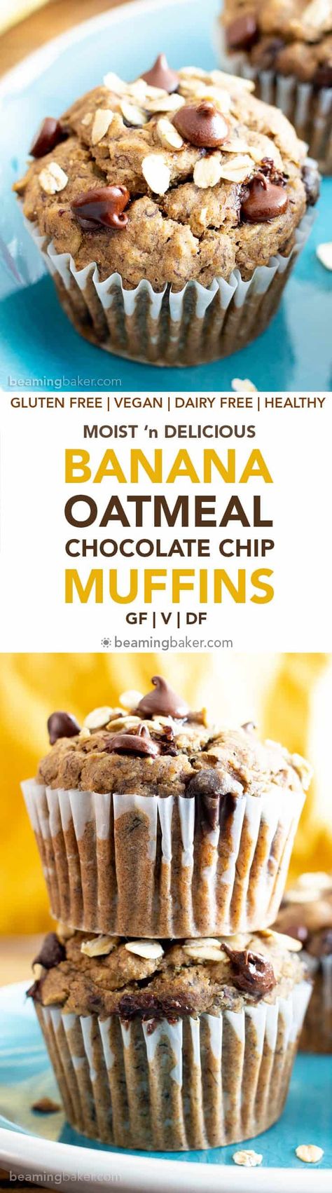 Banana Oatmeal Chocolate Chip Muffins (V, GF): a healthy 1-bowl recipe for moist, satisfying fresh-baked banana muffins bursting with hearty oats and decadent chocolate chips. #Bananas #Vegan #GlutenFree #Muffins #Healthy #Oats | Recipe at BeamingBaker.com Banana Oatmeal Chocolate Chip Muffins, Glutenfree Muffins, Banana Oatmeal Chocolate Chip, Oatmeal Chocolate Chip Muffins, Healthy Oats, Banana Snacks, Banana Oatmeal Muffins, Oatmeal Banana, Muffins Healthy