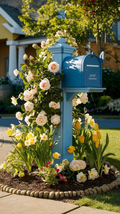 Need inspiration for your mailbox garden? Check out these top 15 mailbox flower bed ideas to create a stunning and inviting front yard. Front Of House Wall Ideas, Mailbox Floral Arrangement, Diy Front Yard Flower Bed Ideas, From Yard Landscape Ideas, Outdoor Landscaping Ideas Side Of House, Outdoor Small Yard Ideas, Roses Around Mailbox Ideas, Front Yard Landscaping White House, Curb Appeal Landscape On A Budget