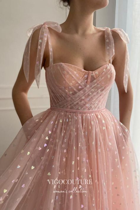 Sparkly Tulle Hoco Dresses Spaghetti Strap Maxi Dresses Graduation Dress party Dress Prom Dress Pink, Pink Heart Dress, Midi Prom Dress, Tea Length Wedding, Tulle Homecoming Dress, Prom Dresses With Pockets, Pink Homecoming Dress, Ankle Length Dress, Short Prom Dress