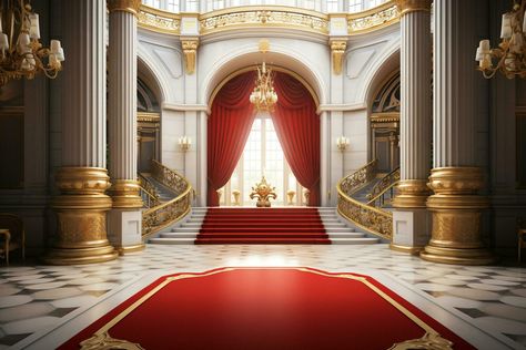 Interior of royal palace with red carpet and golden stairs. 3D ren0dering Ai Generated Royal Palace Interior, Stairs 3d, Royal Throne, Palace Interior, Tree Saw, Wedding People, Cityscape Photos, Royal Palace, Nature Backgrounds