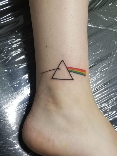 Dark side of the moon, simple. Pink Floyd Tattoo Simple, Dark Side Of The Moon Tattoo, Pink Floyd Triangle Tattoo, Pink Floyd Inspired Tattoo, Pink Floyd Wish You Were Here Tattoo, Pink Floyd Fine Line Tattoo, Pink Floyd Tattoo Dark Side Of The Moon, Tattoos Gone Wrong, Pink Floyd Tattoo