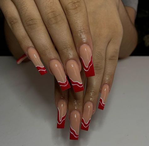 Red Double French Nails, Red On Red French Tip Nails, Red White Nails Design, Red And White Nails Ideas, Nails With Red Tips, Double French Nails, White Nails Ideas, Painted Acrylic Nails, Nails With Red