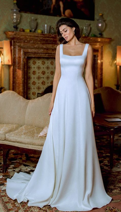 Satin Wedding Dress Classic, Aline Satin Dress, Simple Traditional Wedding Dress, Simple Petite Wedding Dress, Simple Old Money Wedding Dress, Lilly Collins Wedding Dress, Crisp Wedding Dress, Square Neck Simple Wedding Dress, Timeless Bride Dress