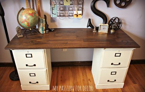 Pottery Barn desk hack... Goodwill oak file cabinets painted with chalk paint and a solid piece of wood from Lowe's stained Pottery Barn Desk, Furniture Repurposing, Desk Hacks, Cabinets Painted, Pottery Barn Inspired, File Cabinets, Filing Cabinets, Office Crafts, Craft Room Office